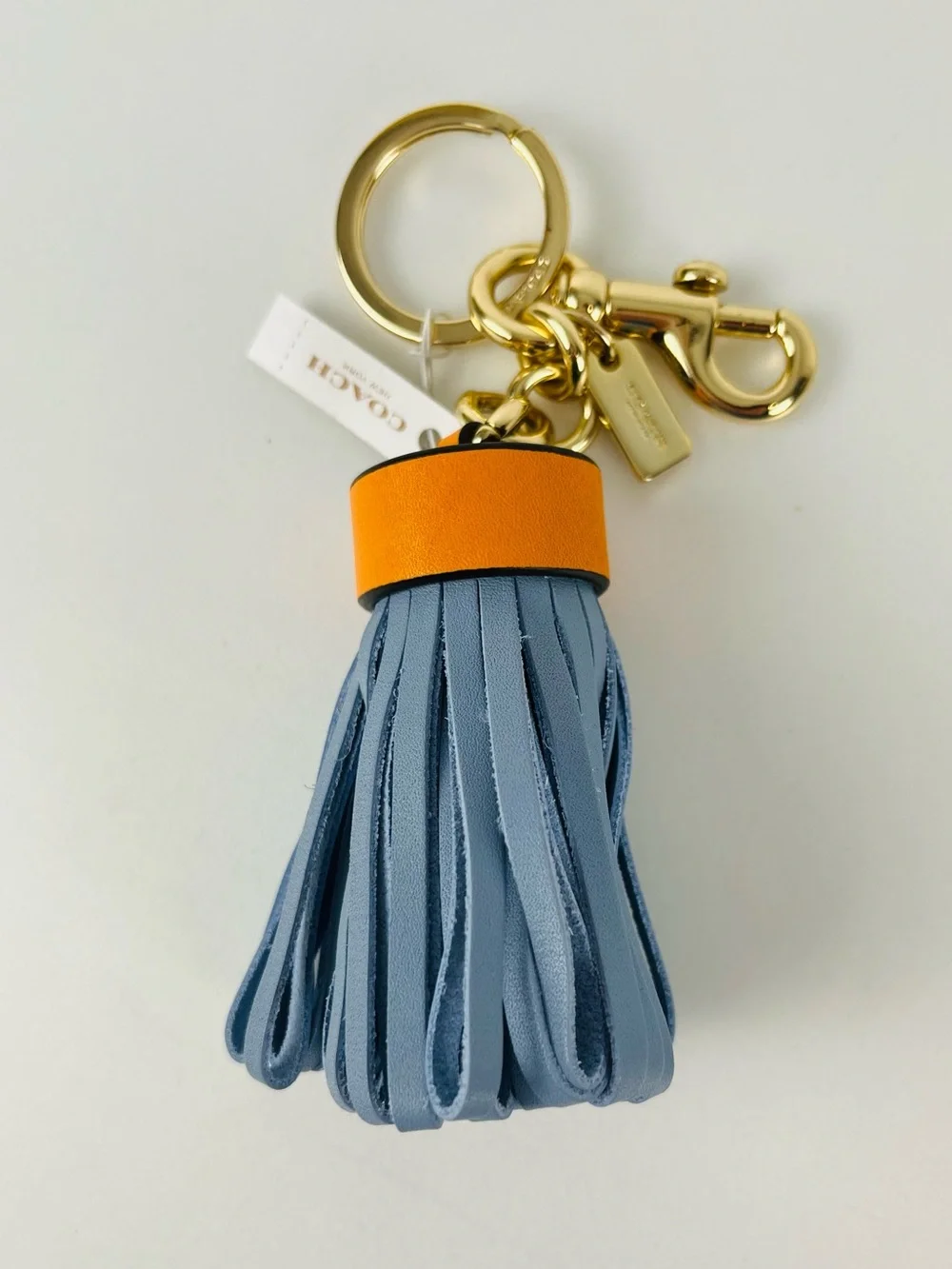 Coach Leather Tassel Bag Charm Keychain  F58505 Blue Orange Gold Hardware